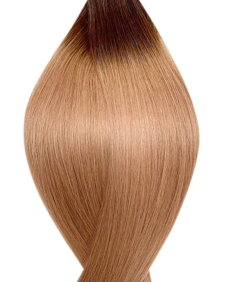 #T2/14 Root Ombre Dunkelbraun ins Dunkelblond Nanoring Echthaar Extensions