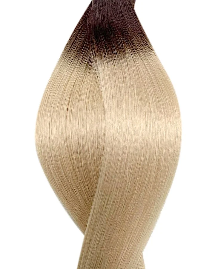 #T2/60B Root Ombre Dunkelbraun ins Weißblond Tape in Echthaar Extensions