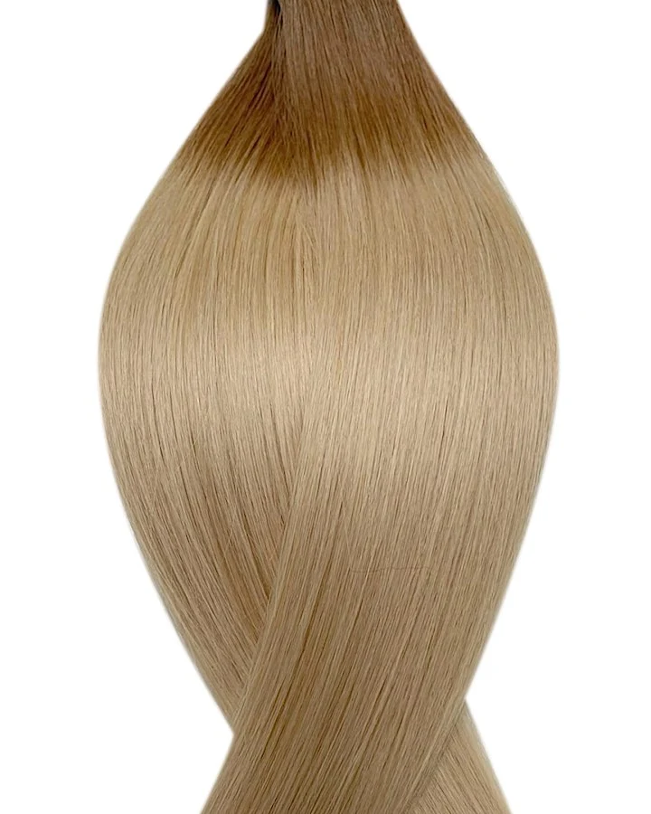 #T8/16 Root Ombre Hellbraun ins Aschblond Nanoring Echthaar Extensions