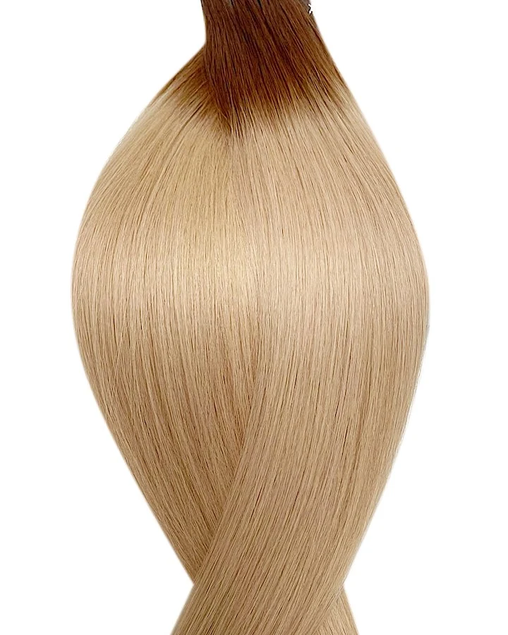 #T4/22 Root Ombre Braun ins Hell Aschblond Nanoring Echthaar Extensions