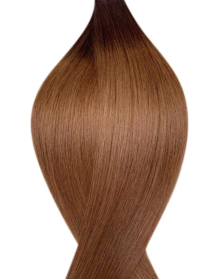 #T2/6 Root Ombre Dunkelbraun ins Helles Kastanienbraun Tape in Echthaar Extensions