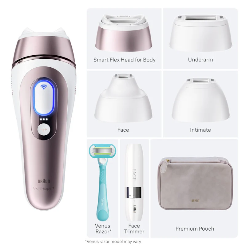 Braun Smart IPL Skin i·Expert Pro 7: At Home Alternative to Laser Hair Removal with 4 Caps Facial Hair Trimmer and Leather Pouch IPL7219
