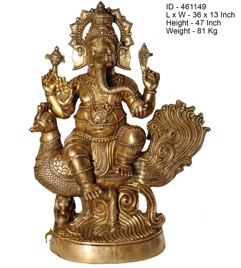 Brass Large Ganesha Idol Sitting On Mayur Home Temple Décor Statue 4 Feet
