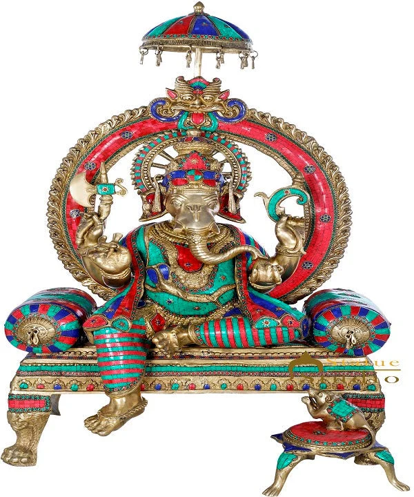Brass Large Ganesha Statue Ganpati Idol Sitting On Royal Couch For Décor 4 Feet