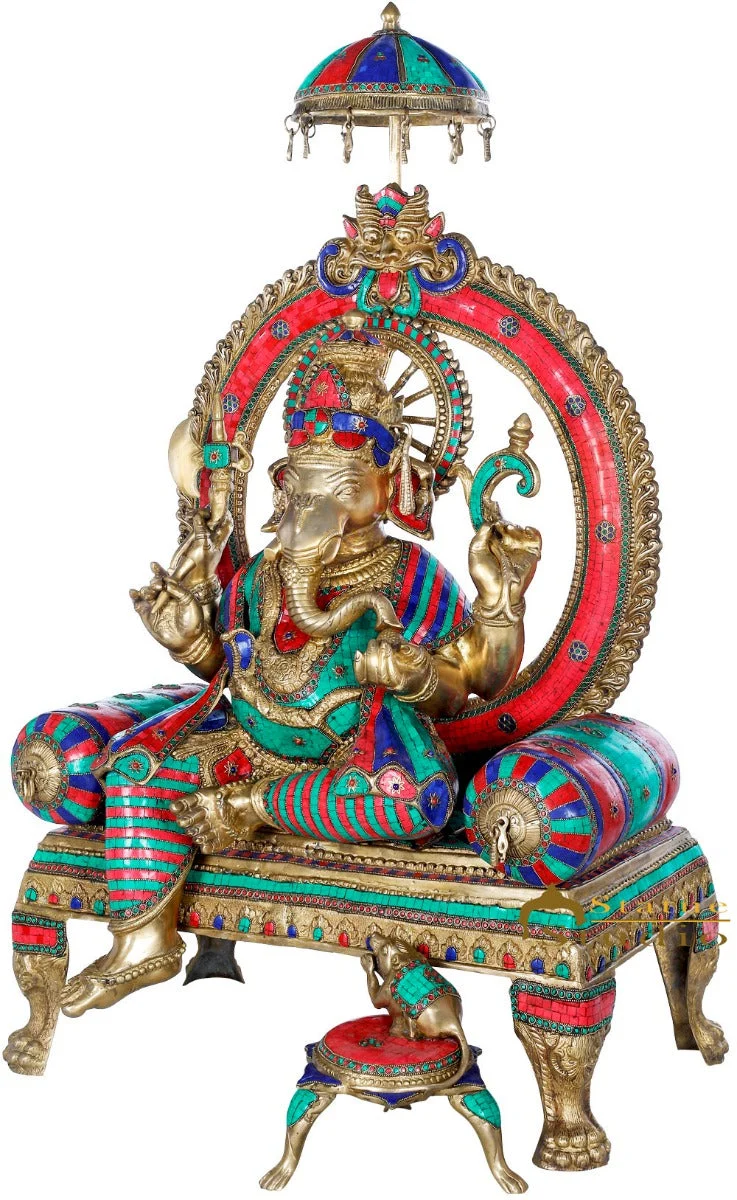 Brass Large Ganesha Statue Ganpati Idol Sitting On Royal Couch For Décor 4 Feet