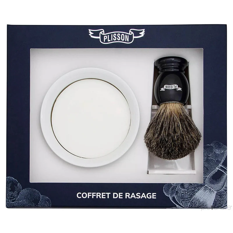 Starter set with Russian Grey Badger Shaving Brush, Holder and Porcelain Bowl with Shaving Soap, Black