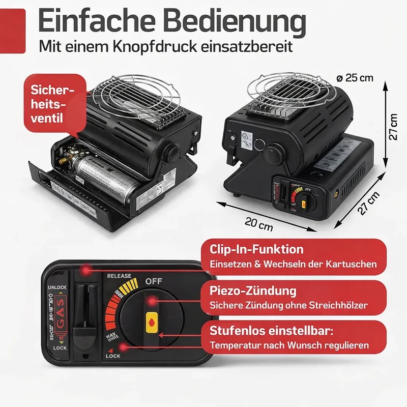 Gasheizung 2in1 Camping Heizung 1,3kW Heizstrahler Keramik Piezo Zelt Outdoor