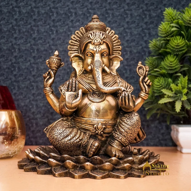 Brass Lord Ganesha Statue On Lotus Antique Finish For Home Decor Gift 7"
