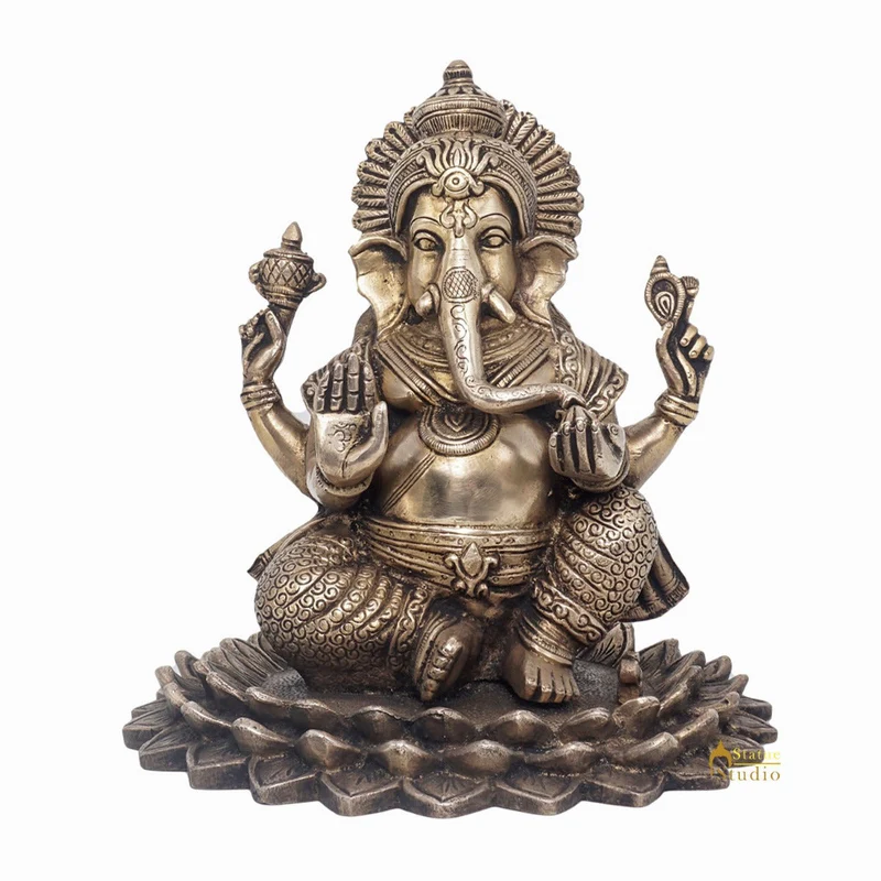 Brass Lord Ganesha Statue On Lotus Antique Finish For Home Decor Gift 7"