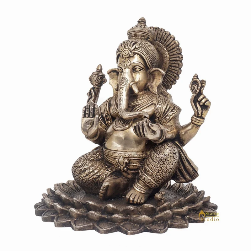 Brass Lord Ganesha Statue On Lotus Antique Finish For Home Decor Gift 7"