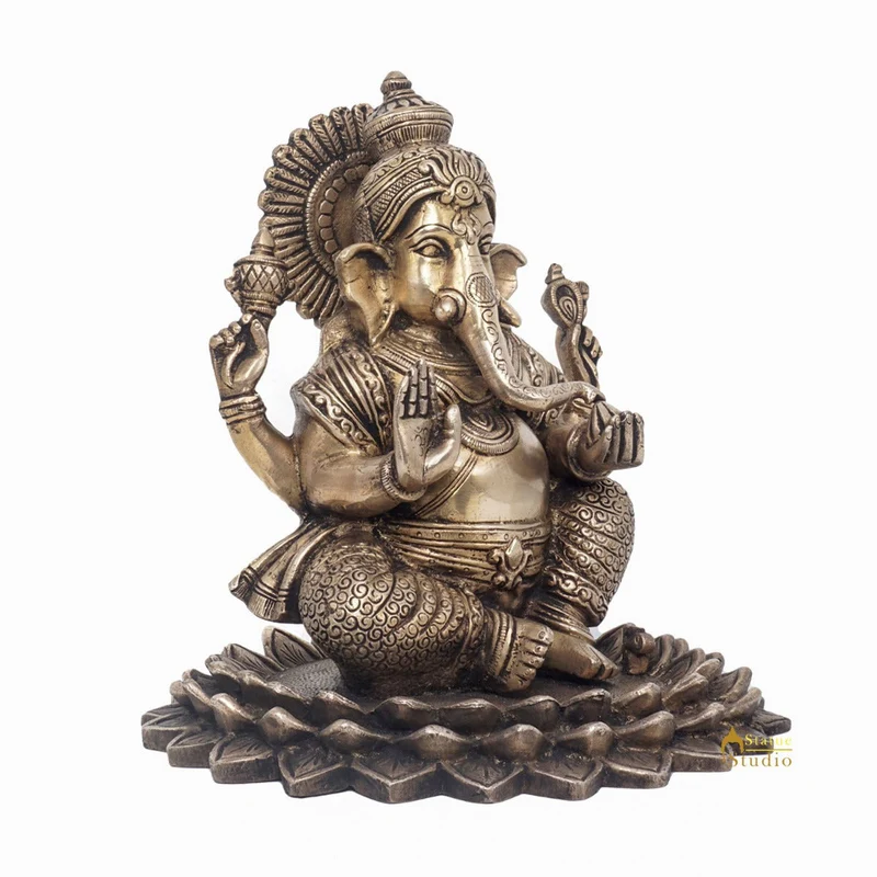Brass Lord Ganesha Statue On Lotus Antique Finish For Home Decor Gift 7"