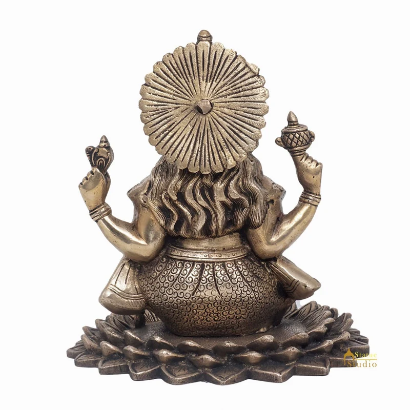 Brass Lord Ganesha Statue On Lotus Antique Finish For Home Decor Gift 7"