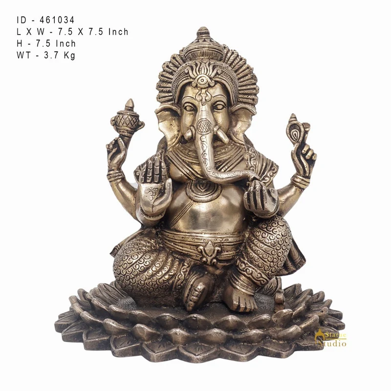 Brass Lord Ganesha Statue On Lotus Antique Finish For Home Decor Gift 7"
