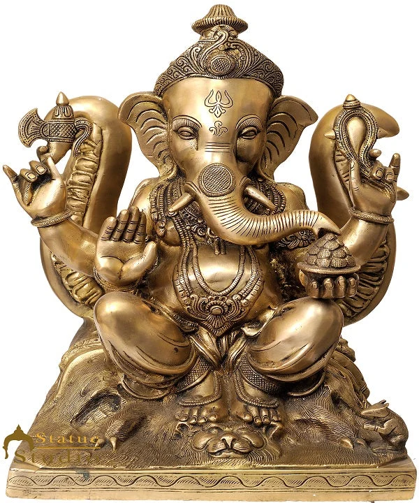 Brass Rare Ganesha Statue Sitting On Backdrop Of Trident Décor Showpiece Idol