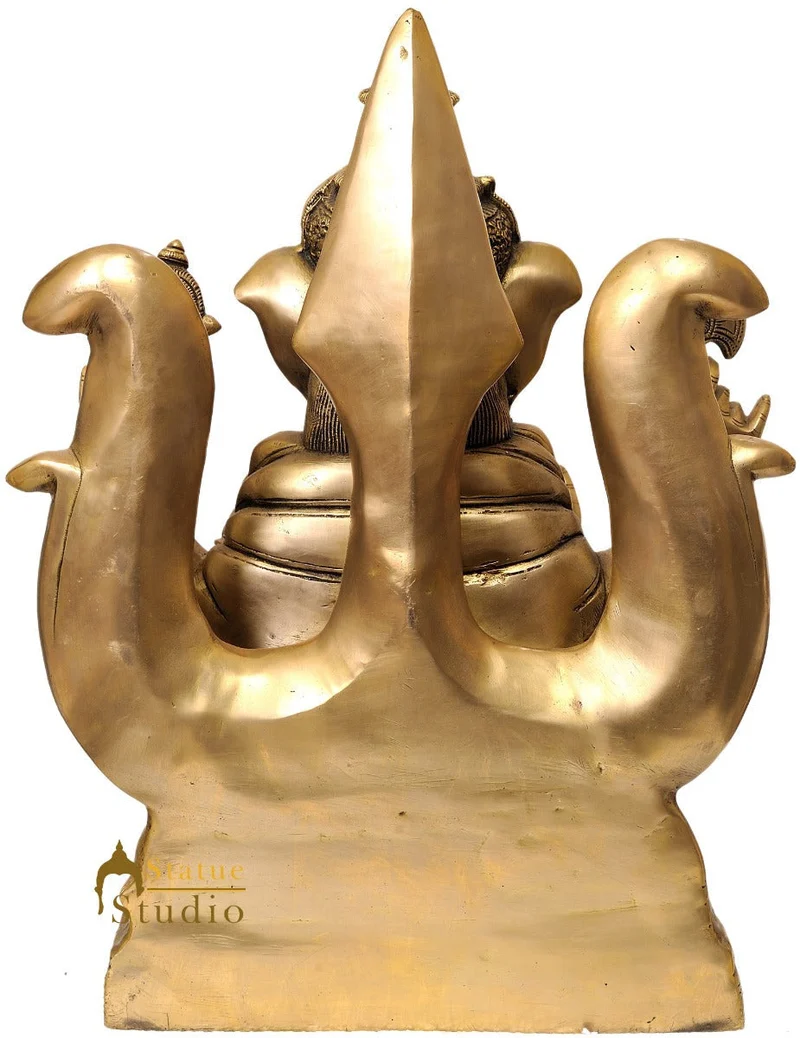Brass Rare Ganesha Statue Sitting On Backdrop Of Trident Décor Showpiece Idol