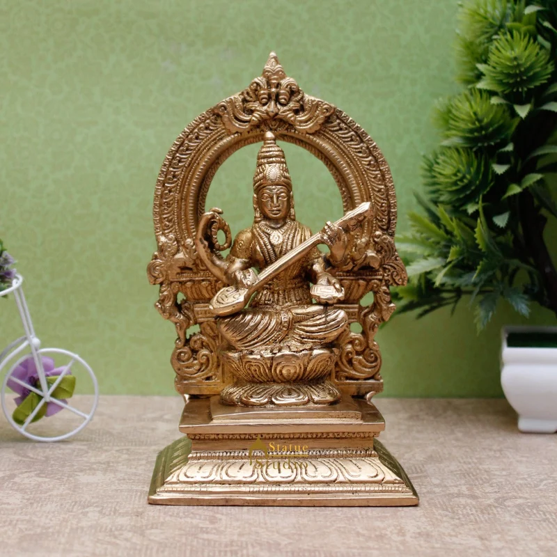 Brass Saraswati Idols For Home Office Religious Décor Statue Lucky Gift 7"
