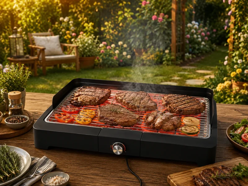 SEVERIN PG 8565 Elektrogrill 2200 W – Tischgrill mit Edelstahl-Grillrost für Balkon, Garten und Innenbereich