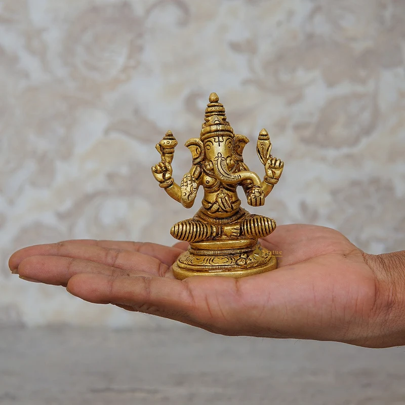 Fine Brass Small Ganesha Idol For Home Pooja Table Décor Statue Gift Showpiece 3.5"