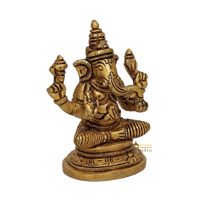 Fine Brass Small Ganesha Idol For Home Pooja Table Décor Statue Gift Showpiece 3.5"