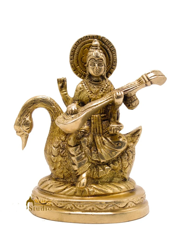 Indian Brass Hindu Goddess Saraswati on Swan Lucky Gift Murti Idol Statue 4.5"