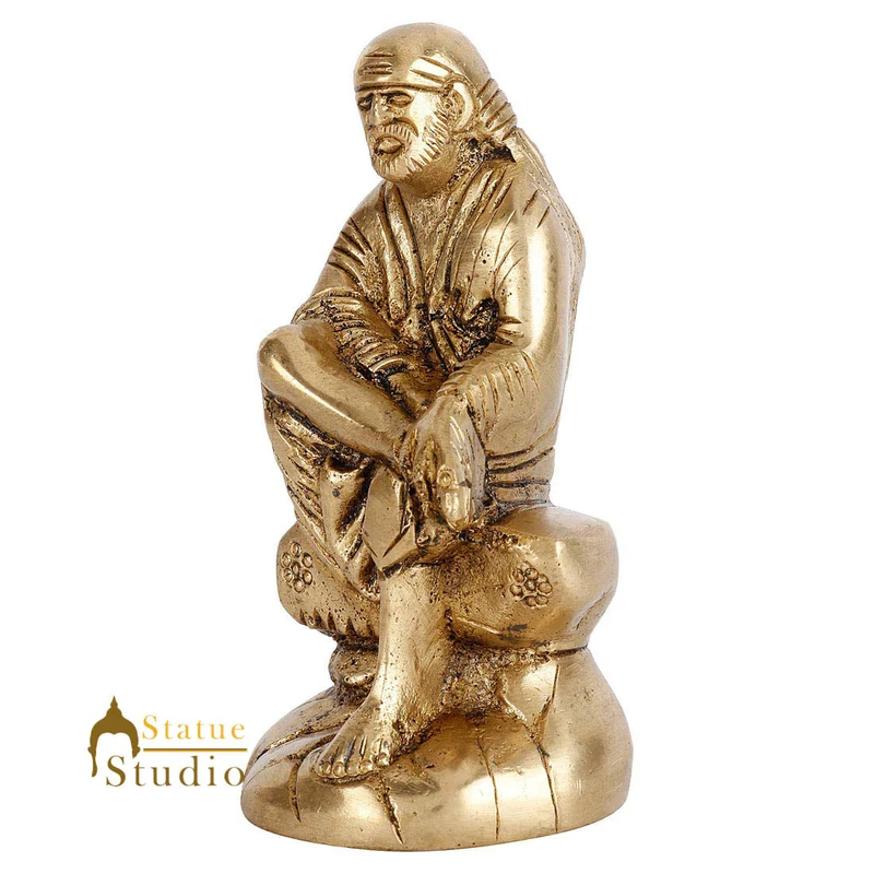 Indian Brass Lord Sai Baba Temple Décor Lucky Statue Mini Idol Murti 4"