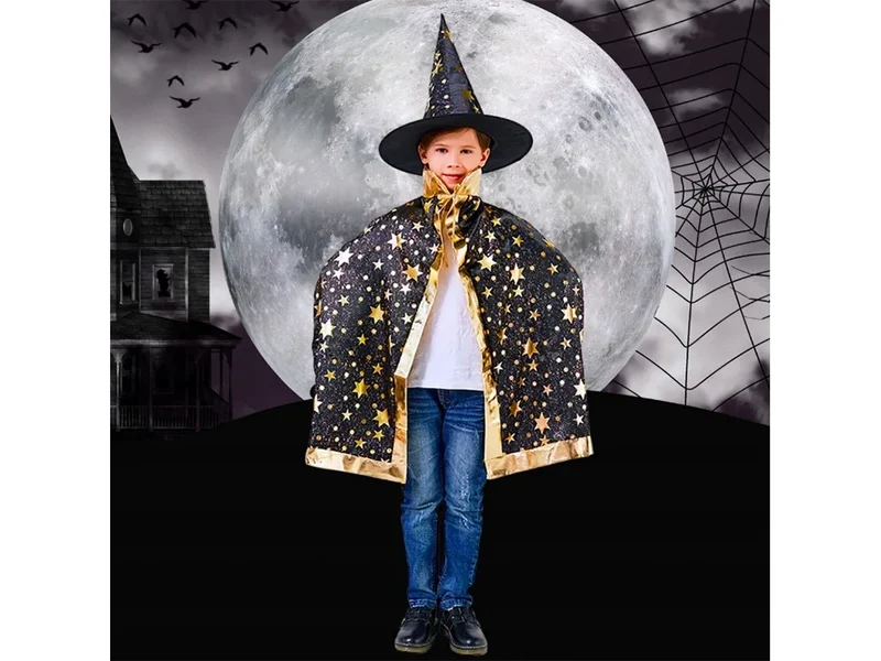 Halloween Zauberer Kostüm Magier Umhang mit Hut Sterne Karneval Verkleidung