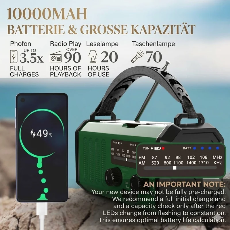 Notfallradio Solar 10000mAh FM AM NOAA Kurbel Radio Powerbank
