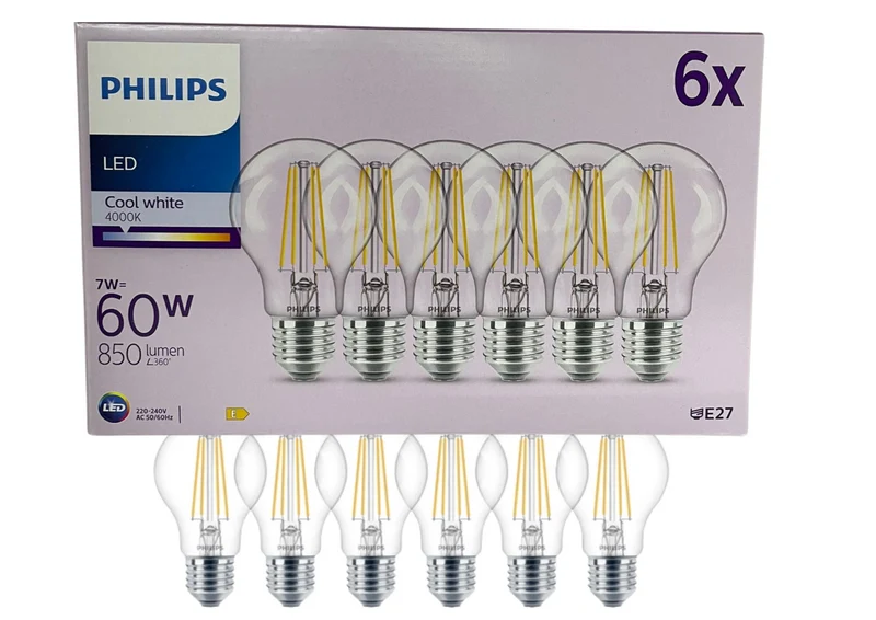 Philips LED E27 7W Neutralweiß Filament – 60W Ersatz, 6er Set, 15000h Lebensdauer