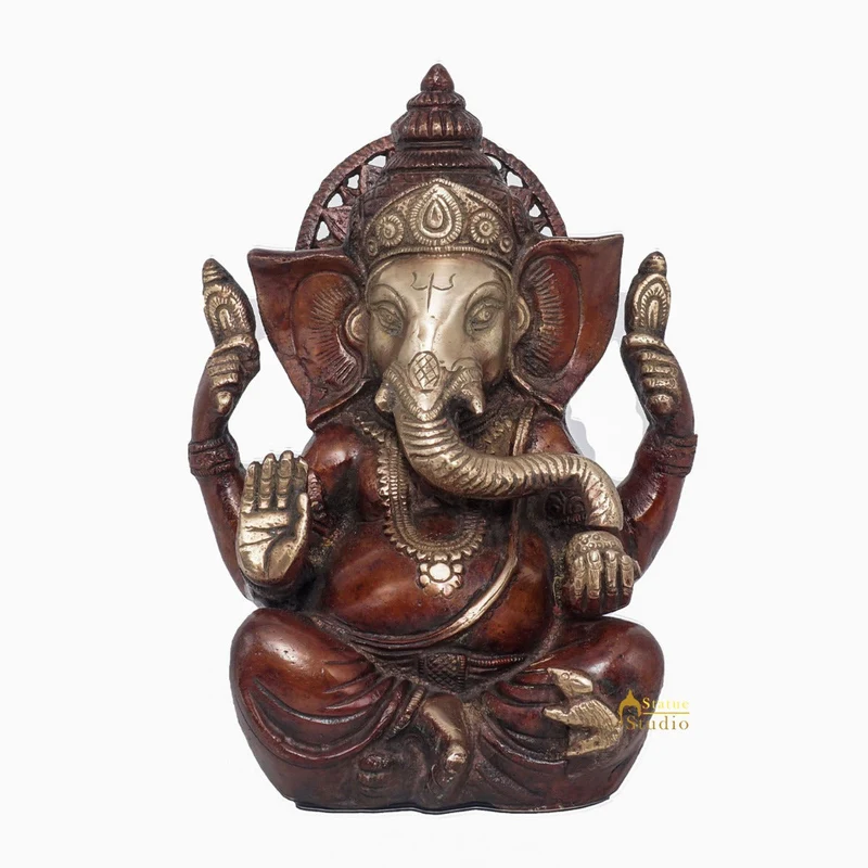 Brass Antique Ganesha Statue Ganpati Sitting Idol Home Pooja Room Décor Gift 7"