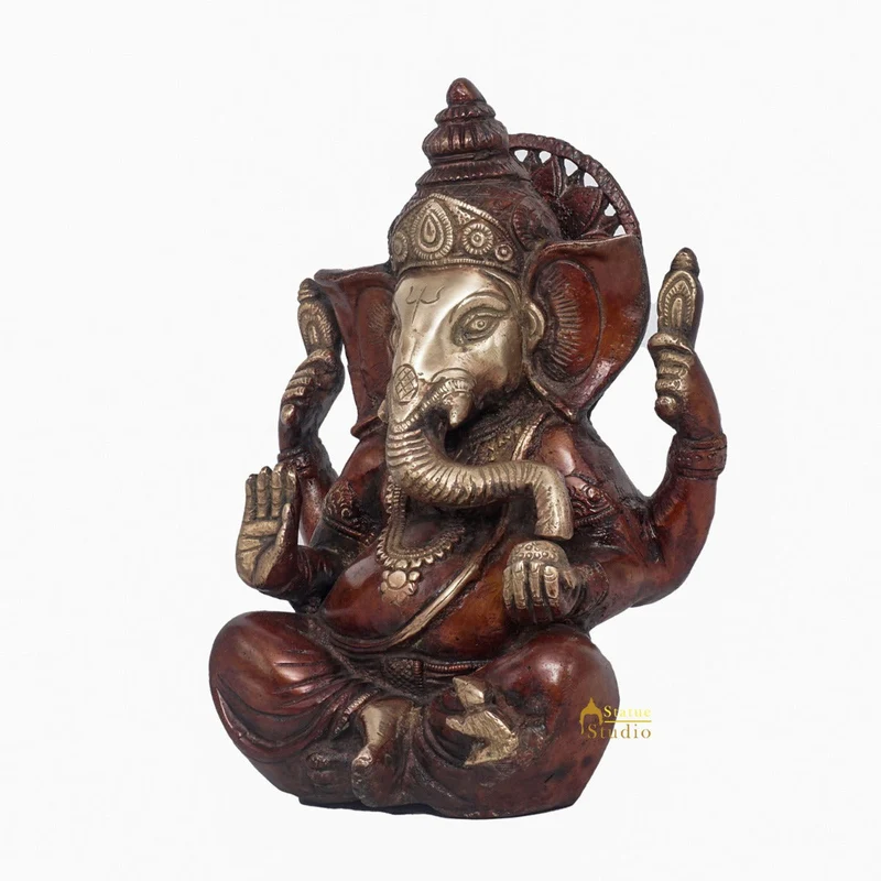 Brass Antique Ganesha Statue Ganpati Sitting Idol Home Pooja Room Décor Gift 7"