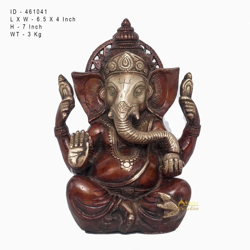 Brass Antique Ganesha Statue Ganpati Sitting Idol Home Pooja Room Décor Gift 7"