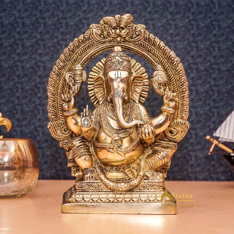 Brass Antique Ganesha Statue Ganpati Sitting Idol Home Pooja Room Décor Gift 8"