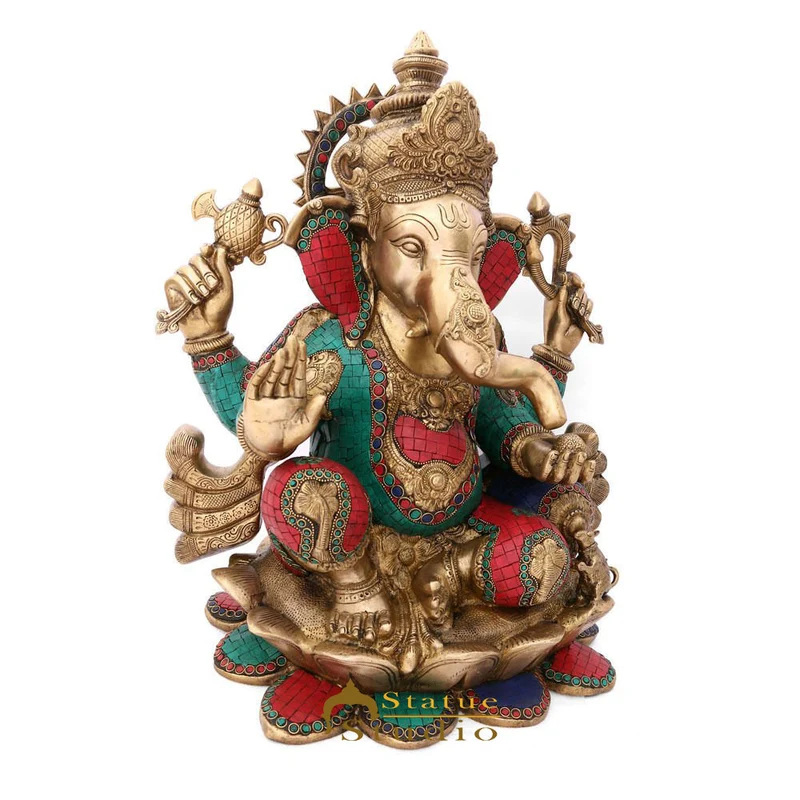 Brass Antique Ganpati Idol Ganesha Statue For Home Office Décor Large Size 21"