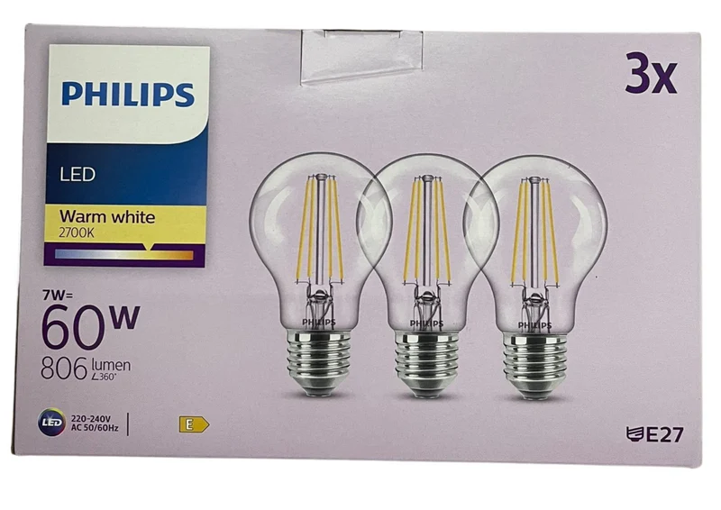 Philips LED Classic A60 E27 Klar 2700K Warmweiß – 60W Ersatz, 3er Pack