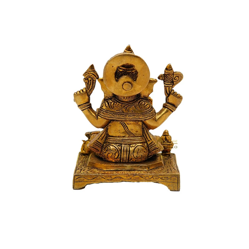 Brass Fine Ganesha Idol On Chowki Diwali Pooja Décor Gift Statue 5"