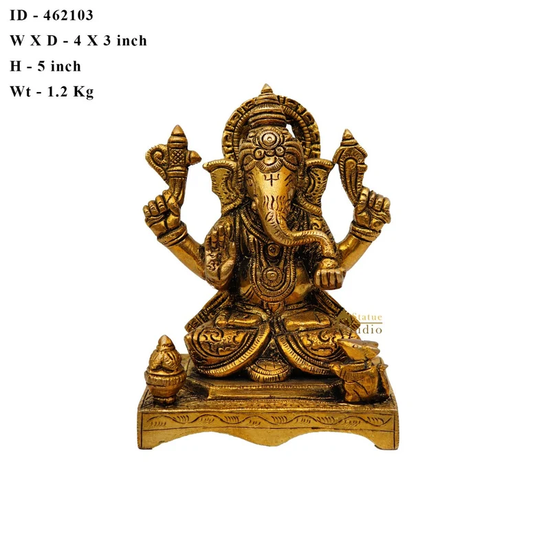 Brass Fine Ganesha Idol On Chowki Diwali Pooja Décor Gift Statue 5"