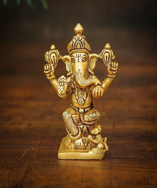 Brass Fine Mini Ganesha Idol For Home Temple Pooja Décor Statue 5"