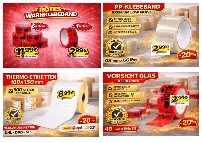 Paketband 48mm x 66m Transparent / Warnband / Versandetiketten 100x150mm 500 Stk