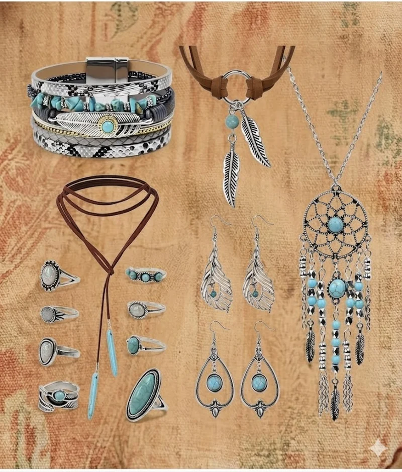 Boho Schmuck Set Türkis Damen Vintage Kette Ohrringe Ringe 14 teilig Geschenk Set