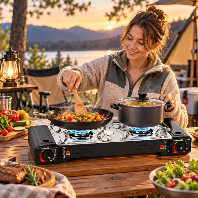 2 flammig Campingkocher Outdoor Camping Gas Kocher Grillplatte + 4x Gaskartusche