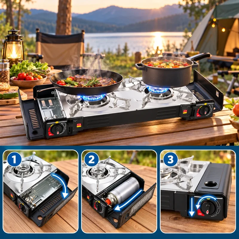 2 flammig Campingkocher Outdoor Camping Gas Kocher Grillplatte + 4x Gaskartusche