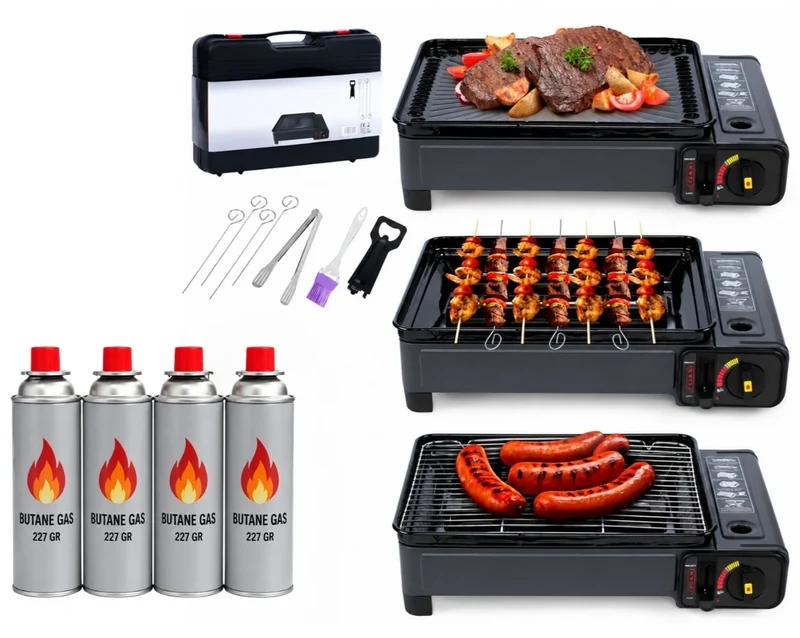 2in1 Gas Kocher Campingkocher + Grillplatte Gasgrill Outdoor Camping Kocher