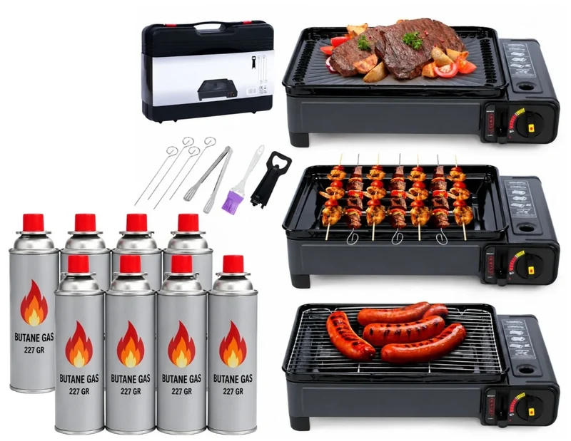 2in1 Gas Kocher Campingkocher + Grillplatte Gasgrill Outdoor Camping Kocher