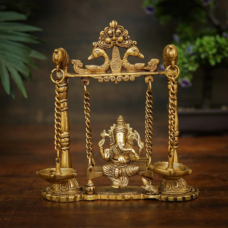 Brass Ganesha Idol On Jhula Swing Home Diwali Décor Statue 9"