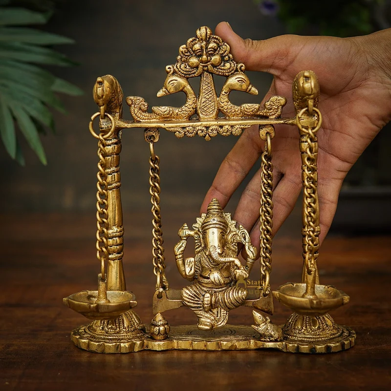 Brass Ganesha Idol On Jhula Swing Home Diwali Décor Statue 9"