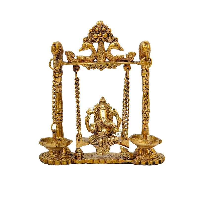 Brass Ganesha Idol On Jhula Swing Home Diwali Décor Statue 9"