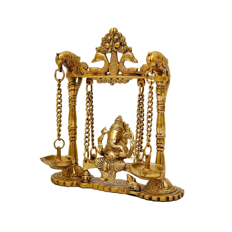 Brass Ganesha Idol On Jhula Swing Home Diwali Décor Statue 9"