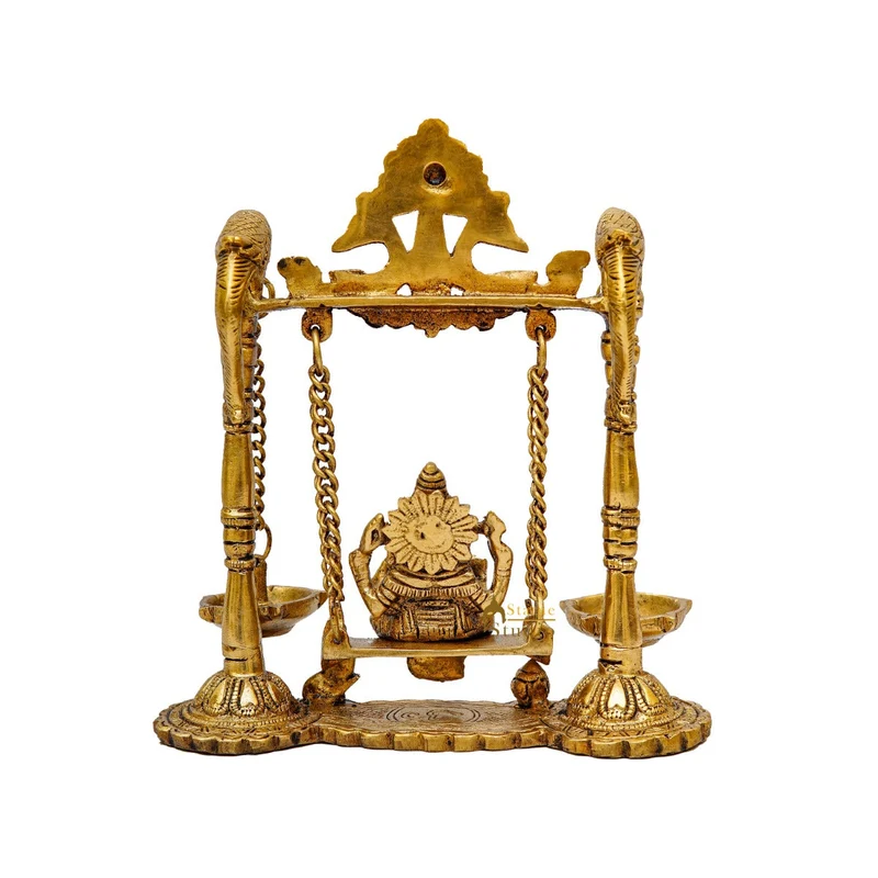 Brass Ganesha Idol On Jhula Swing Home Diwali Décor Statue 9"