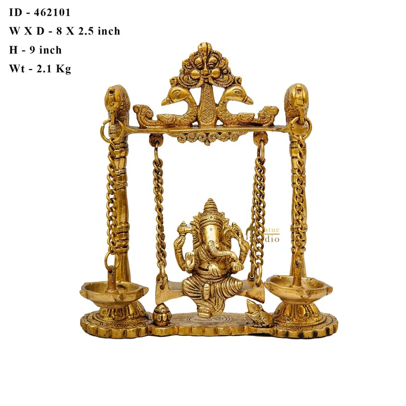 Brass Ganesha Idol On Jhula Swing Home Diwali Décor Statue 9"