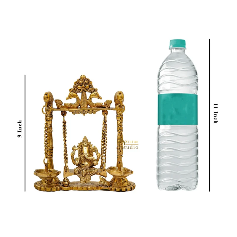 Brass Ganesha Idol On Jhula Swing Home Diwali Décor Statue 9"
